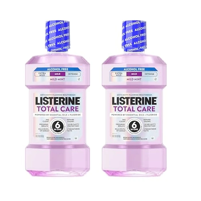 Listerine Total Care Alcohol-Free Mild Mouthwash, 6 Benefit Oral Rinse to Help Kill 99.9% of Germs that Cause Bad Breath, Strengthen Enamel, Mild Mint Flavor, Twin Convenience Pack, 2 x 1 L by Listerine - Used - Very Good condition - US$15.99