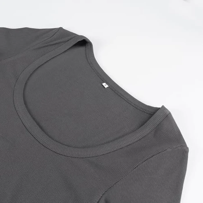 Artfish Women's Square Neck Long Sleeve Ribbed Slim Fitted Casual Basic Crop Top (Charcoal Grey, M) by Artfish - Image 2