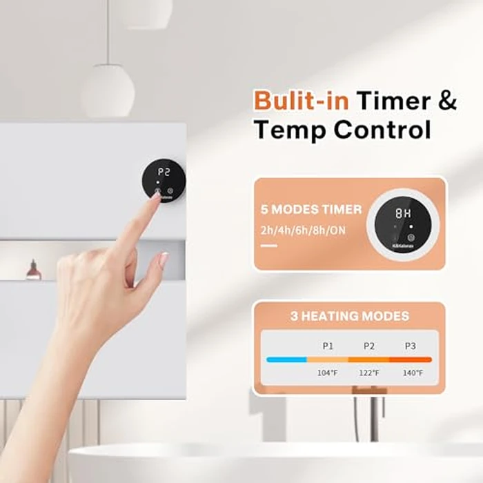 K&KALONZO Electric Towel Warmer, 18.35" W x 14.6" H Wall-Mounted Towel Heater with Built-in Timer, Waterproof Aluminum Towel Warmer for Bathroom, Support Plug-in and Hardwired, White, K2-R-W by K&KALONZO - Image 4