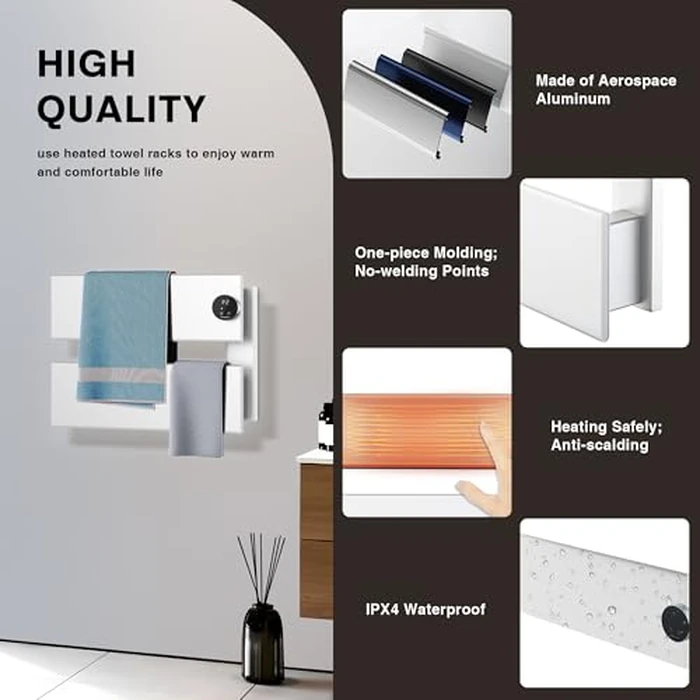 K&KALONZO Electric Towel Warmer, 18.35" W x 14.6" H Wall-Mounted Towel Heater with Built-in Timer, Waterproof Aluminum Towel Warmer for Bathroom, Support Plug-in and Hardwired, White, K2-R-W by K&KALONZO - Image 6