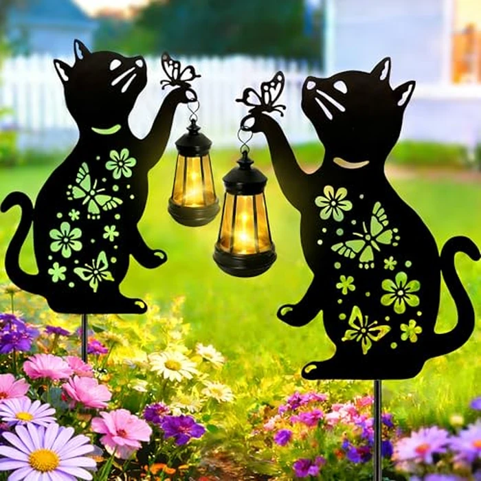 Cat Solar Lights Outdoor, 2 Pack Black Cat Hanging Lantern Waterproof, Cat Lover Gifts for Women Mom Birthday Mother's Day, Metal Garden Statue Yard Decor Patio Pathway Backyard Lawn Ornaments by ANGMLN - Used - Very Good condition