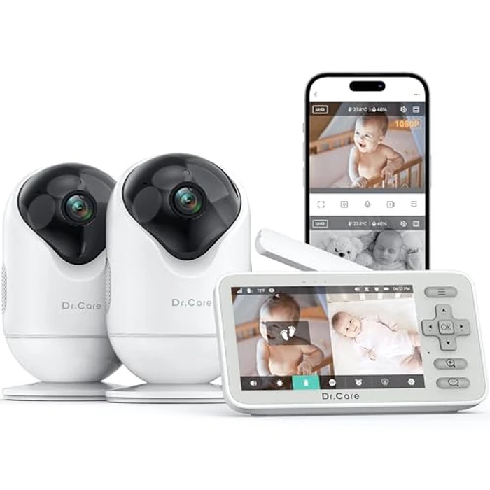 Dr.Care VistaView Lite Smart WiFi Baby Monitor with 2 Cameras- 4” 720P Split Screen & 1080P Camera App Control, Motion Alerts, Night Vision, 3000mAh Battery, 2-Way Talk, Triple Security, 1000ft Range by Dr.Care - Image 1