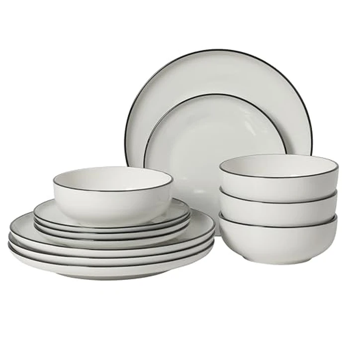Gibson Home Havenstone 12-Piece Porcelain Dinnerware Set - Dinner Plates, Salad Plates & Bowls, Classic White With Black Rim Everyday Dish Set for Home, Kitchen, Microwave & Dishwasher Safe by Gibson Home - Used - Like New condition - US$37.99
