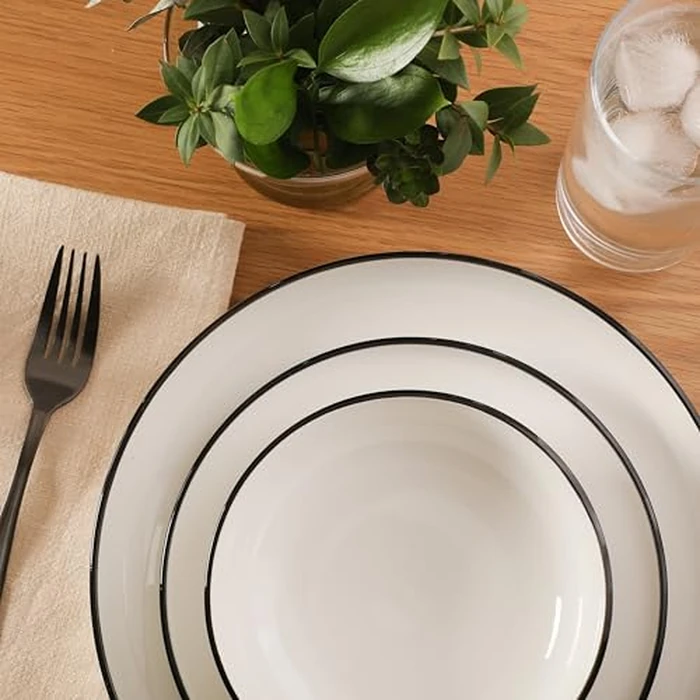 Gibson Home Havenstone 12-Piece Porcelain Dinnerware Set - Dinner Plates, Salad Plates & Bowls, Classic White With Black Rim Everyday Dish Set for Home, Kitchen, Microwave & Dishwasher Safe by Gibson Home - Image 3