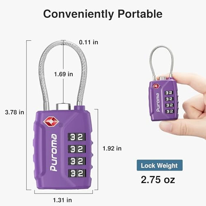 Puroma 2 Pack TSA Approved Luggage Locks, 4 Digit Combination Travel Cable Locks Resettable Code Lock with Zinc Alloy Body for Suitcase, Toolbox, Backpack, Bag, Gym Locker (Basic Purple Dark) by Puroma - Image 3
