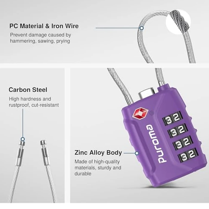 Puroma 2 Pack TSA Approved Luggage Locks, 4 Digit Combination Travel Cable Locks Resettable Code Lock with Zinc Alloy Body for Suitcase, Toolbox, Backpack, Bag, Gym Locker (Basic Purple Dark) by Puroma - Image 5