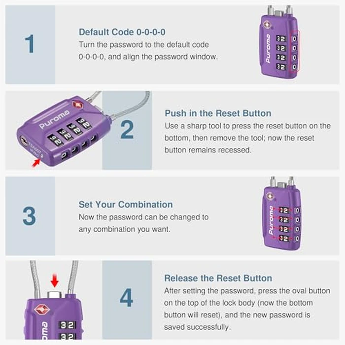 Puroma 2 Pack TSA Approved Luggage Locks, 4 Digit Combination Travel Cable Locks Resettable Code Lock with Zinc Alloy Body for Suitcase, Toolbox, Backpack, Bag, Gym Locker (Basic Purple Dark) by Puroma - Image 6