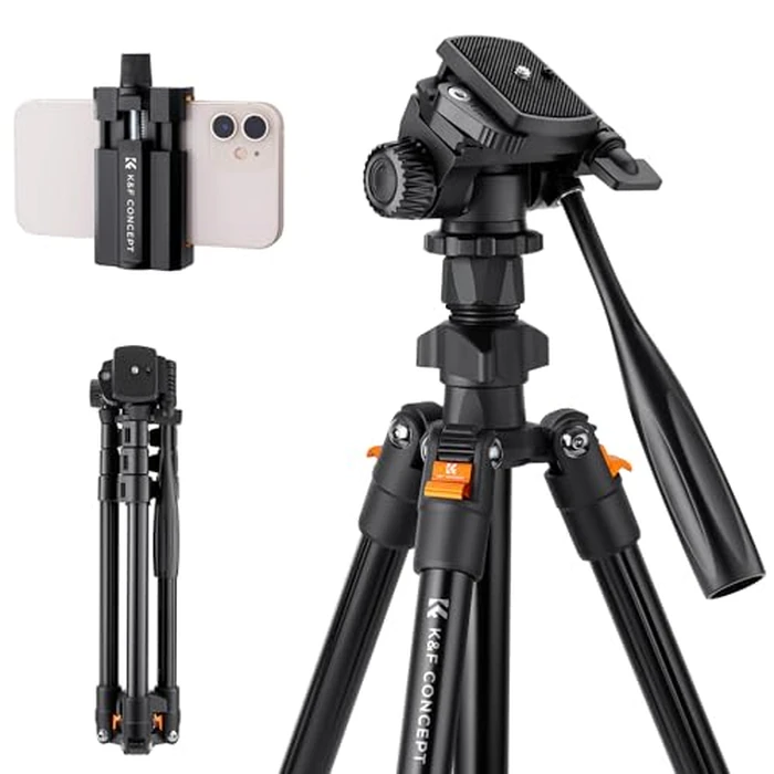 K&F CONCEPT 70" Video Tripod, Camera Tripod, Lightweight Travel Tripod with 3-Way Swivel Pan Tilt Head Load 6.6 lbs, Phone Holder Smartphone Clip Quick Release Plate, for Phone DSLR Camera O234A0+BV02 by K&F CONCEPT - Used - Like New condition