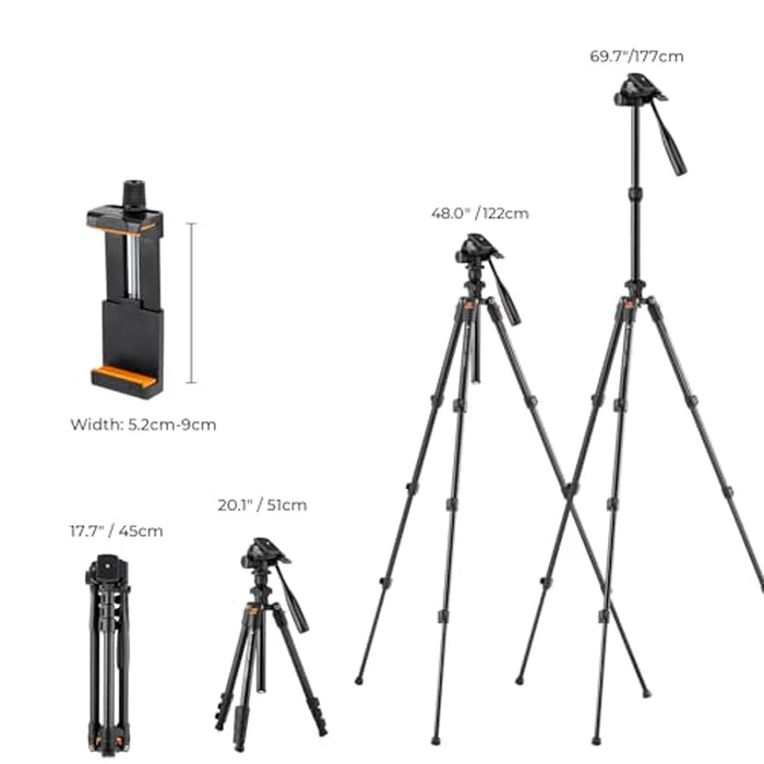 K&F CONCEPT 70" Video Tripod, Camera Tripod, Lightweight Travel Tripod with 3-Way Swivel Pan Tilt Head Load 6.6 lbs, Phone Holder Smartphone Clip Quick Release Plate, for Phone DSLR Camera O234A0+BV02 by K&F CONCEPT - Image 6