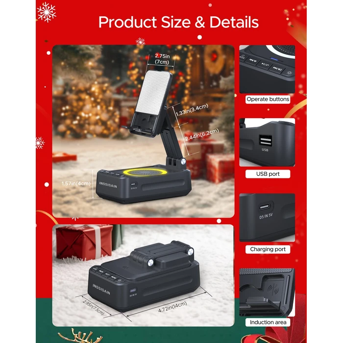 Wireless Induction Bluetooth Speaker with Phone Stand, Birthday for Men Women, Stocking Stuffers for Teen Girls Boys, Portable Speakers with RGB Lights for iPhone/iPad/Android/Tablet by INSSISAIN - Image 5