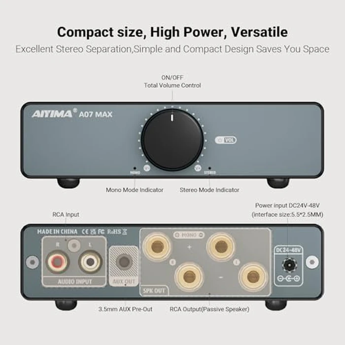 AIYIMA A07 MAX 2 Channel Stereo Amplifier Home Audio 300W*2 TPA3255 Class D Power Amp/Bridgeable Mono Amplifier 600 Watt with 3.5mm Line Output for Passive Bookshelf Speakers+DC36V 6A Power Adapter by AIYIMA - Image 2