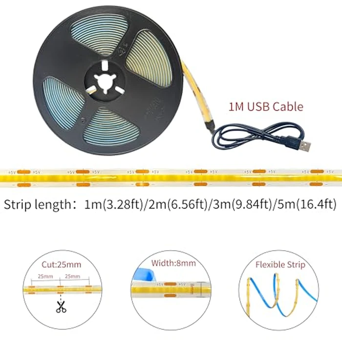 Clearhill 5V 8mm Width USB COB LED Strip Lights,Ice Blue,320LEDs/M,8W/M,CRI90,9.84FT/3M,Electroplated Double-Sided Panel Light Strip,Waterproof IP20,Flexible Strip for Indoor Decoration by Clearhill - Image 5