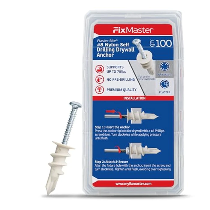 #8 Nylon Self-Drilling Drywall Anchors w/Screws (100 Anchors & 100 Screws) - Premium Nylon 66 Hollow Wall Anchors for 3/8"-5/8" Drywall - Shock-Resistant Hold, Easy Install - 75lb Holding Strength by FixMaster - Used - Like New condition - US$17.49