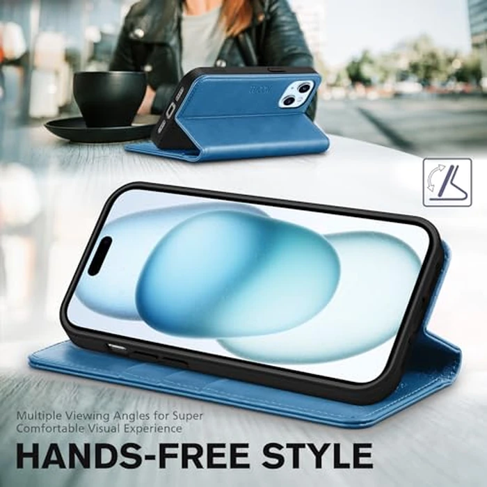 TUCCH Case for iPhone 15 6.1" Wallet Case, Kickstand PU Leather Folio Cover with RFID Blocking 3 Card Slots, Stand Book Design [Shockproof TPU Interior Case] Compatible with iPhone 15 2023, Light Blue by TUCCH - Image 5