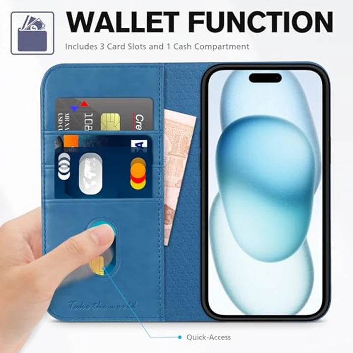 TUCCH Case for iPhone 15 6.1" Wallet Case, Kickstand PU Leather Folio Cover with RFID Blocking 3 Card Slots, Stand Book Design [Shockproof TPU Interior Case] Compatible with iPhone 15 2023, Light Blue by TUCCH - Image 7