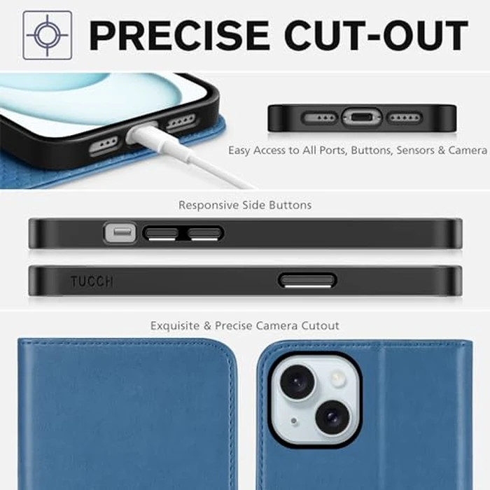 TUCCH Case for iPhone 15 6.1" Wallet Case, Kickstand PU Leather Folio Cover with RFID Blocking 3 Card Slots, Stand Book Design [Shockproof TPU Interior Case] Compatible with iPhone 15 2023, Light Blue by TUCCH - Image 8
