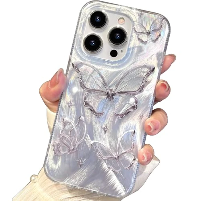 I-MGAE-IN-AR Compact Case for iPhone 13 Pro Shiny Silver Butterfly Design,Cute Trendy Soft Slim TPU Shockproof Protective Phone Cases Cover for Women Girls Aesthetic Glitter by I-MGAE-IN-AR - Image 1