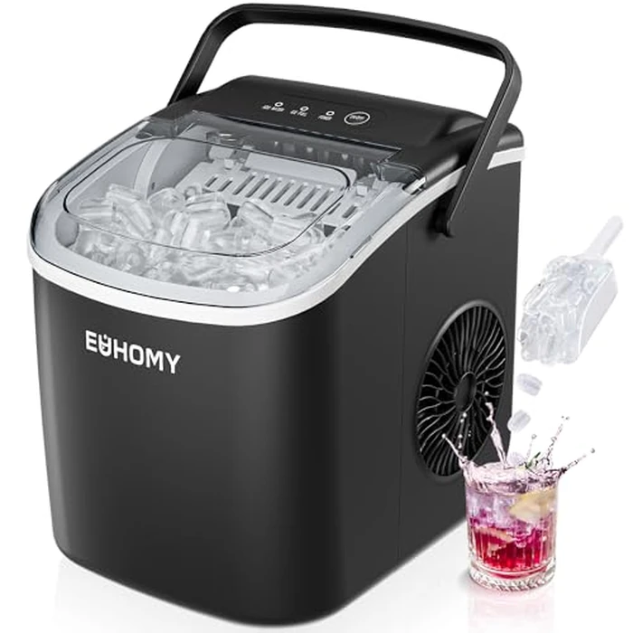 EUHOMY Countertop Ice Maker Machine with Handle, 26lbs in 24Hrs, 9 Ice Cubes Ready in 6 Mins, Auto-Cleaning Portable Ice Maker with Basket and Scoop, for Home/Kitchen/Camping/RV. (Black) by EUHOMY - Used - Very Good condition - US$49.51