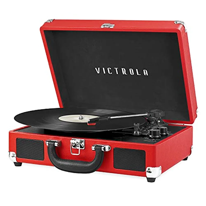 Victrola Journey Bluetooth Portable Suitcase Record Player - with Built-in Speakers, 3 Speed Vinyl Record Player, RCA Out, Headphone Jack (Red) by Victrola - Used - Acceptable condition - CA$39.74