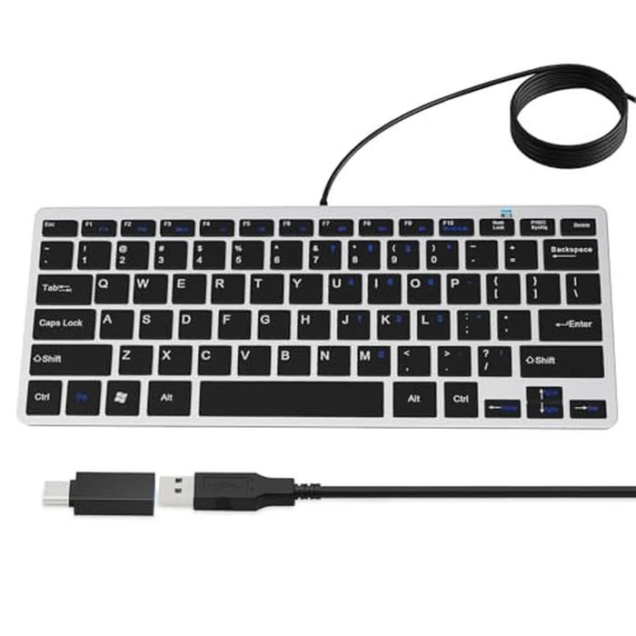 Ultra-Slim 78keys USB Mini Wired Keyboard with Media Hotkeys for Apple Mac Pro, MacBook 56Pro/ iMac, Air, Mac mini, Laptop Computers, Windows PC 11/10/8/7, with USB-A to C OTG Adapter, Silver Black by YORUNOHOSHI - Used - Like New condition