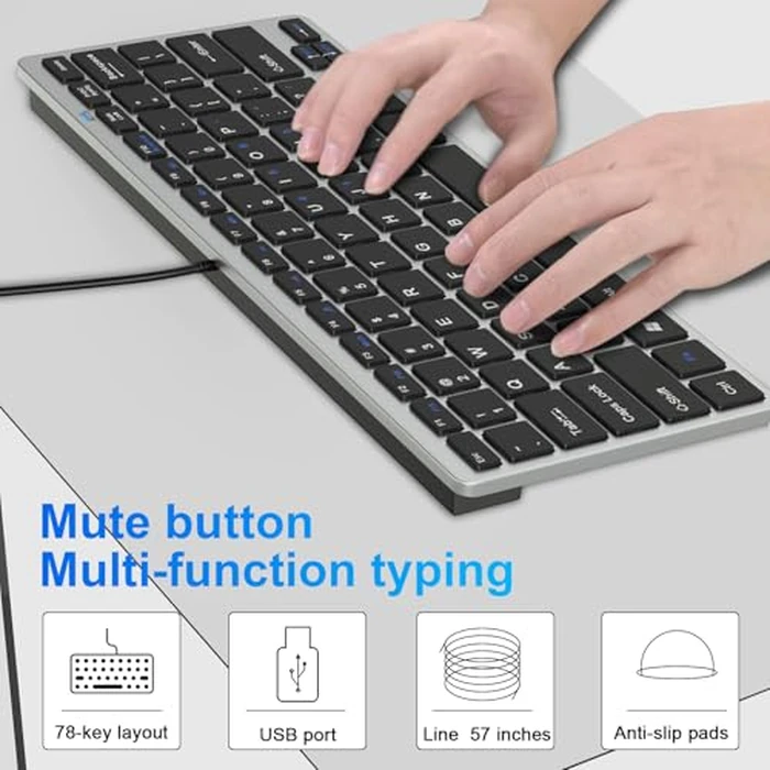 Ultra-Slim 78keys USB Mini Wired Keyboard with Media Hotkeys for Apple Mac Pro, MacBook 56Pro/ iMac, Air, Mac mini, Laptop Computers, Windows PC 11/10/8/7, with USB-A to C OTG Adapter, Silver Black by YORUNOHOSHI - Image 5