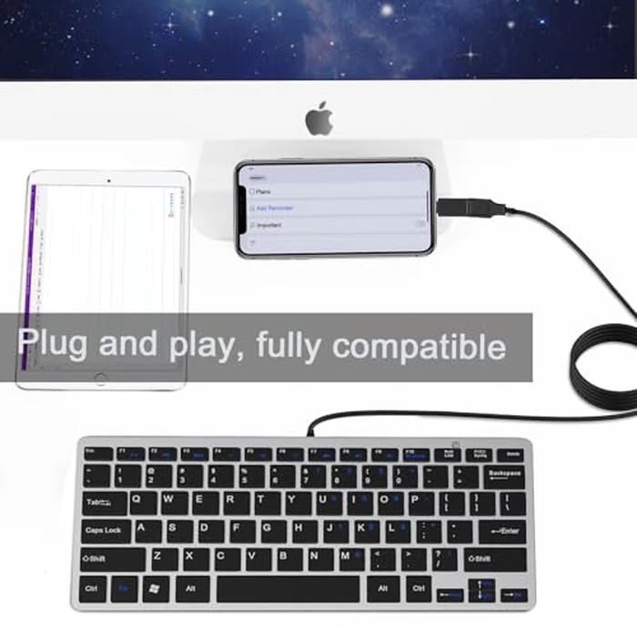 Ultra-Slim 78keys USB Mini Wired Keyboard with Media Hotkeys for Apple Mac Pro, MacBook 56Pro/ iMac, Air, Mac mini, Laptop Computers, Windows PC 11/10/8/7, with USB-A to C OTG Adapter, Silver Black by YORUNOHOSHI - Image 7