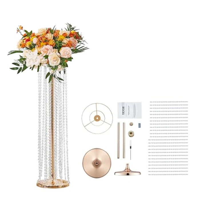 VEVOR 2PCS 35.43inch /90cm Tall Crystal Wedding Flowers Stand, Luxurious Centerpieces Flower Vases Crystal Gold Vase Metal, Perfect for T-Stage Wedding Party Ceremony Dinner Event Hotel Home Decor by VEVOR - Image 1