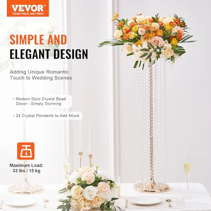 VEVOR 2PCS 35.43inch /90cm Tall Crystal Wedding Flowers Stand, Luxurious Centerpieces Flower Vases Crystal Gold Vase Metal, Perfect for T-Stage Wedding Party Ceremony Dinner Event Hotel Home Decor by VEVOR - Image 2