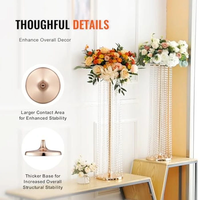 VEVOR 2PCS 35.43inch /90cm Tall Crystal Wedding Flowers Stand, Luxurious Centerpieces Flower Vases Crystal Gold Vase Metal, Perfect for T-Stage Wedding Party Ceremony Dinner Event Hotel Home Decor by VEVOR - Image 4