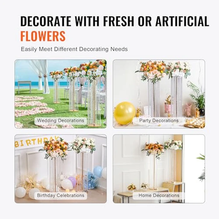 VEVOR 2PCS 35.43inch /90cm Tall Crystal Wedding Flowers Stand, Luxurious Centerpieces Flower Vases Crystal Gold Vase Metal, Perfect for T-Stage Wedding Party Ceremony Dinner Event Hotel Home Decor by VEVOR - Image 6