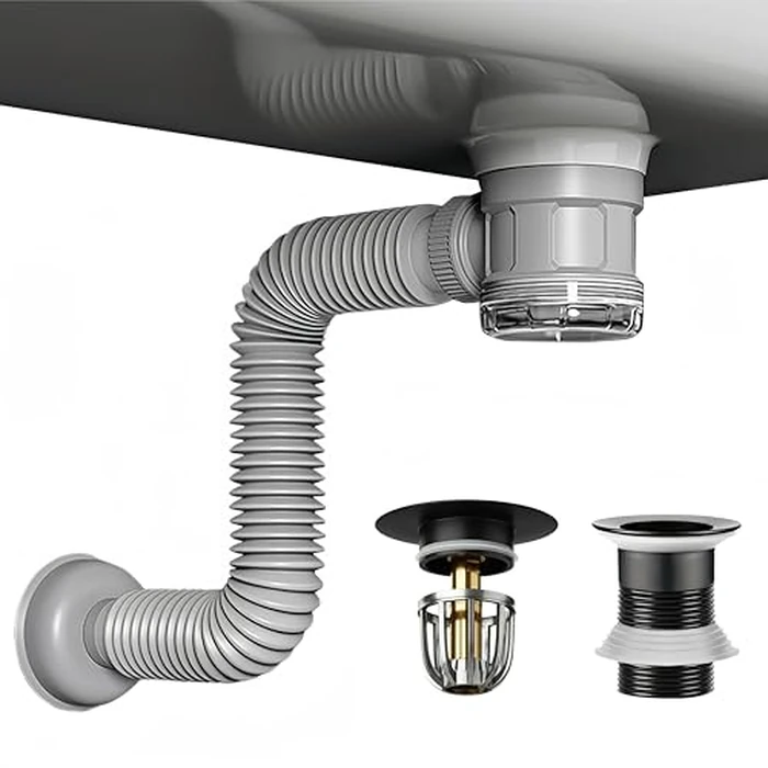 Bathroom Sink Drain Kit with Flexible Expandable Pipe: Odor-Free & Backflow-Preventing, Space-Saving Design without a P-trap, For 1-1/4'' & 1-1/2'' Drain Hole (Black, Without Overflow) by JHBKing - Used - Like New condition