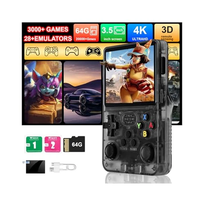 R36S Retro Handheld Game Console, 3.5" IPS Screen Portable Gaming Player, Open Source System, Built-in 64GB TF Card 3000+ Classic Games, 3500mAh Battery, Ideal Gift for Adults Teens Kids - Transparent Black by XENPONAD - Used - Like New condition - US$38.28