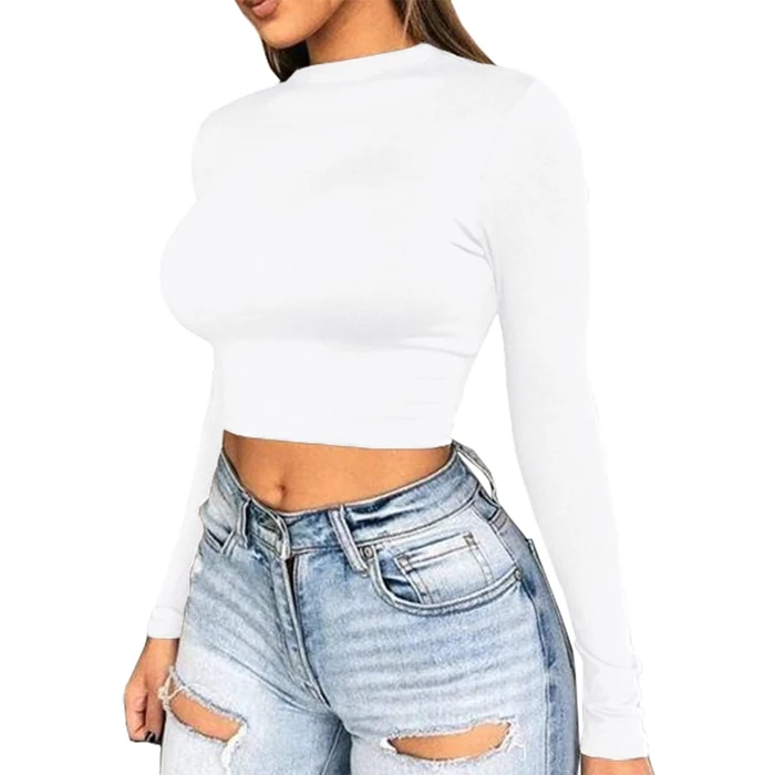 Artfish Women Long Sleeve Turtleneck Crop Top Mock Neck Tight Fitted Shirts White,L by Artfish - Used - Like New condition - US$11.67