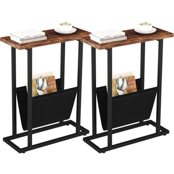 Yusong Narrow End Table, Small Side Table Set of 2 with Magazine Holder for Small Space, 16.5" W Couch Table Slim Skinny Sofa Beside Table Nightstand Table for Living Room,Rustic Brown by Yusong - Used - Very Good condition - CA$50.21