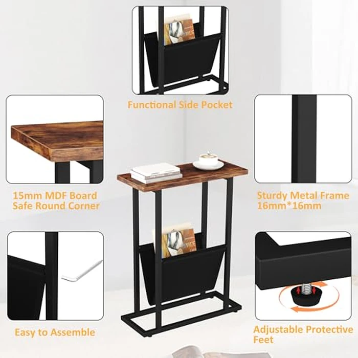 Yusong Narrow End Table, Small Side Table Set of 2 with Magazine Holder for Small Space, 16.5" W Couch Table Slim Skinny Sofa Beside Table Nightstand Table for Living Room,Rustic Brown by Yusong - Image 5