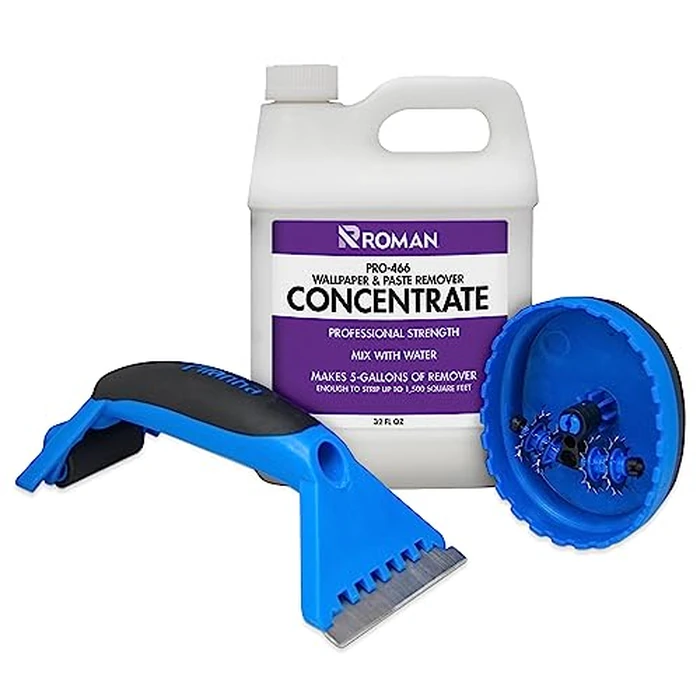 ROMAN Wallpaper Removal Kit - Concentrate (32 oz), Perforating Scoring Tool, and Angled Scraper for Home Improvement - Yields 5 Gallons of Remover (1500 sq. ft Coverage) by Roman - Used - Very Good condition - US$22.98