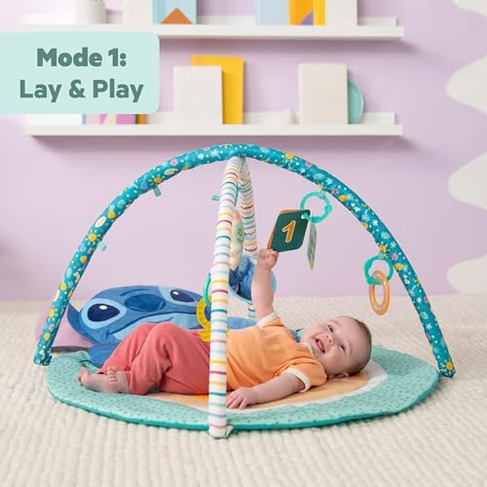 Disney Baby Stitch Party in Paradise Play Gym by Bright Starts- Play Mat with Tummy Time Pillow & 5 Take Along Toys, Ages 0M+ by Bright Starts - Image 3