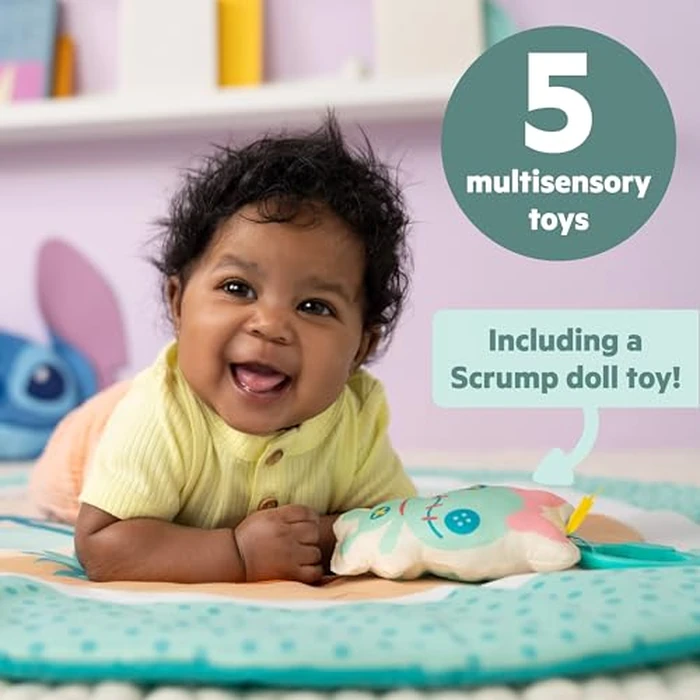Disney Baby Stitch Party in Paradise Play Gym by Bright Starts- Play Mat with Tummy Time Pillow & 5 Take Along Toys, Ages 0M+ by Bright Starts - Image 6