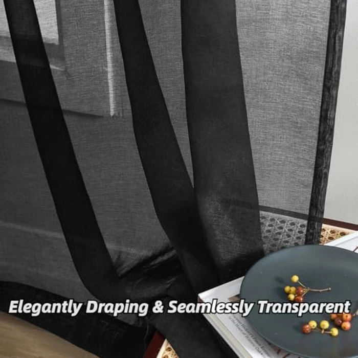 Black Sheer Curtains 45 Inches Long, Rod Pocket Small Window Curtain Panels for Living Room, Bedroom, Kitchen, Door, Semi Sheer Black Curtains 2 Panels Light Filters - Breathable, Black, 52" W x 45" L by CaaMoo - Image 2