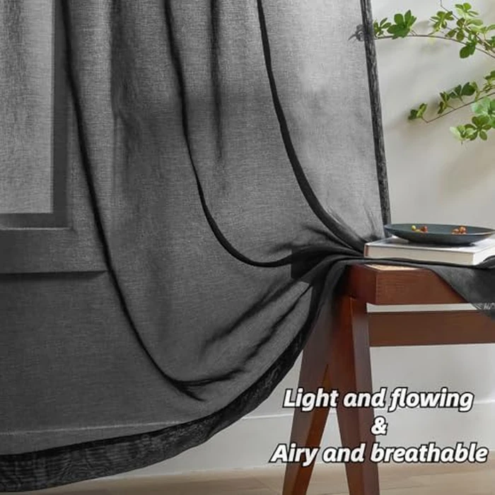 Black Sheer Curtains 45 Inches Long, Rod Pocket Small Window Curtain Panels for Living Room, Bedroom, Kitchen, Door, Semi Sheer Black Curtains 2 Panels Light Filters - Breathable, Black, 52" W x 45" L by CaaMoo - Image 5