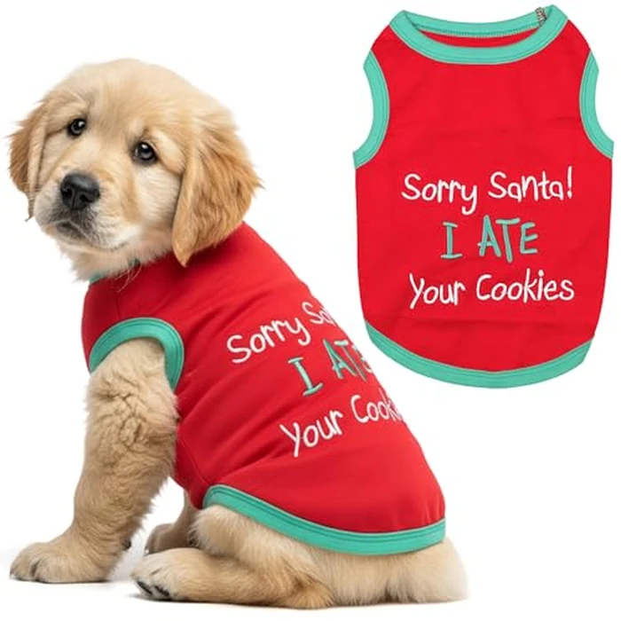 Parisian Pet Dog Tshirt - Embroidered “ Sorry Santa I Ate Your Cookies “ Dog Shirts- Lightweight Cotton Christmas Dog Costume - Sleeveless Puppy Christmas Outfit - Dog Shirts for Small Dogs - XXS by Parisian Pet - Used - Very Good condition