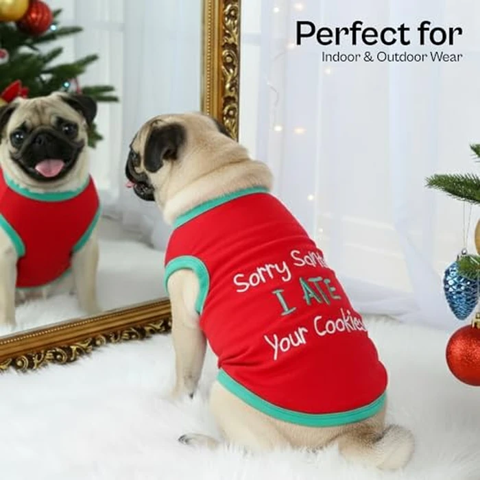 Parisian Pet Dog Tshirt - Embroidered “ Sorry Santa I Ate Your Cookies “ Dog Shirts- Lightweight Cotton Christmas Dog Costume - Sleeveless Puppy Christmas Outfit - Dog Shirts for Small Dogs - XXS by Parisian Pet - Image 4