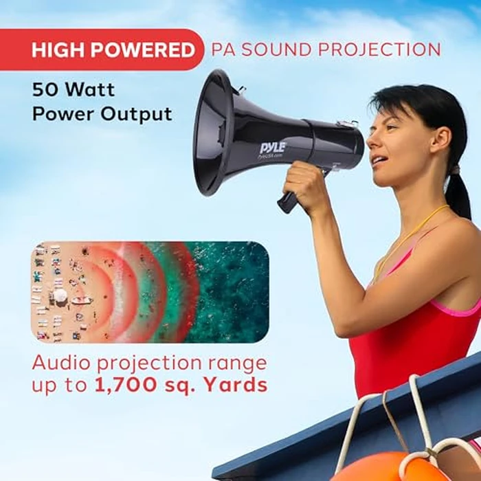 PYLE 50W Megaphone Speaker PA Bullhorn - Built-in Siren, Adjustable Volume Control, 35mm Aux Input, 1554 Meters Range, Perfect for Sports Events, Emergency Drills, and Outdoor Activities, Black by Pyle - Image 2