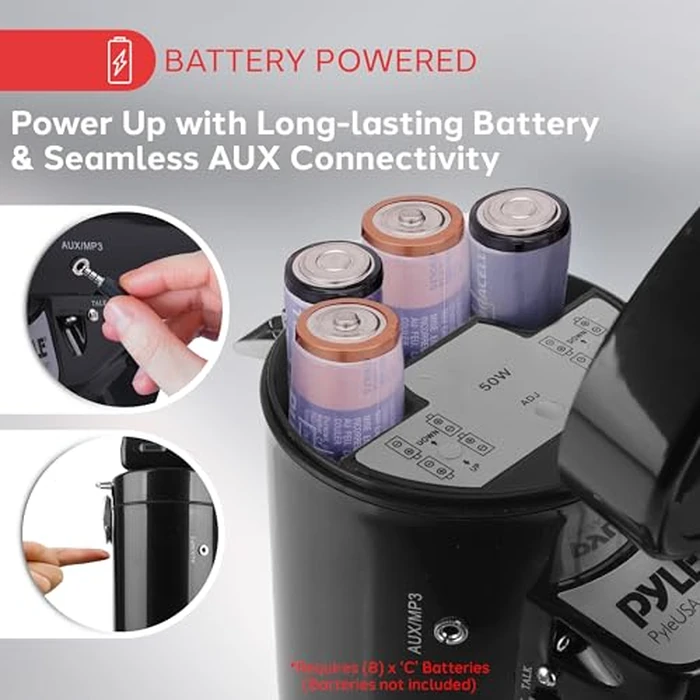 PYLE 50W Megaphone Speaker PA Bullhorn - Built-in Siren, Adjustable Volume Control, 35mm Aux Input, 1554 Meters Range, Perfect for Sports Events, Emergency Drills, and Outdoor Activities, Black by Pyle - Image 5