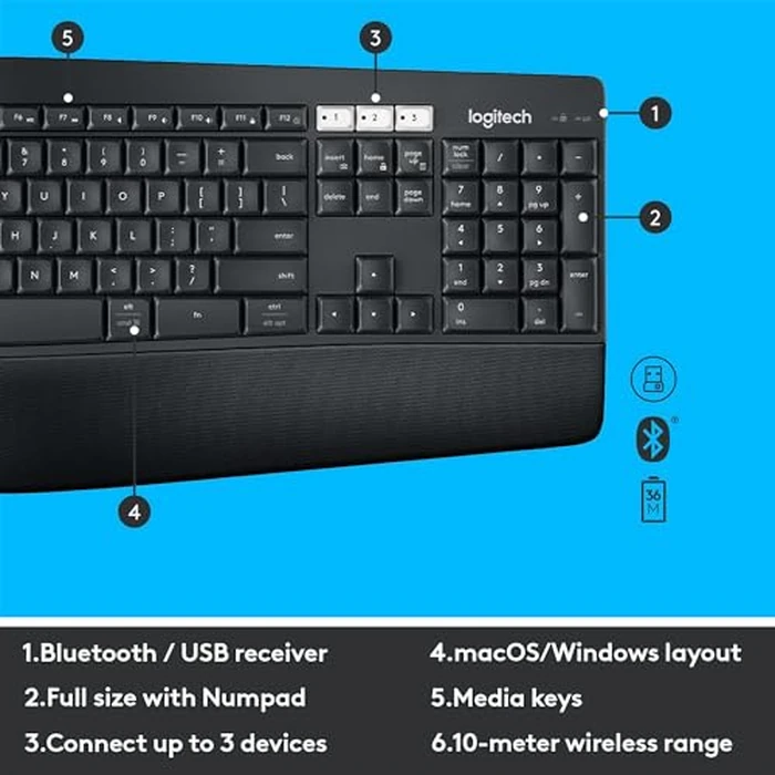 Logitech MK850 Performance Wireless Keyboard and Mouse Combo for Windows, macOS & ChromeOS, Bluetooth & 2.4 GHz USB Receiver, Full-Size Ergonomic Keyboard, Multi-Device, Cushioned Palm Rest - Graphite by Logitech - Image 7