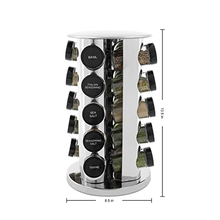 Kamenstein 20 Jar Revolving Countertop Spice Rack with Spices Included, FREE Spice Refills for 5 Years, Polished Stainless Steel with Black Caps, 30020 by Kamenstein - Image 2
