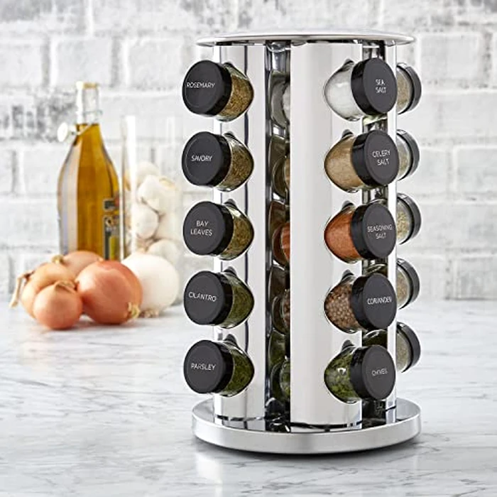 Kamenstein 20 Jar Revolving Countertop Spice Rack with Spices Included, FREE Spice Refills for 5 Years, Polished Stainless Steel with Black Caps, 30020 by Kamenstein - Image 4