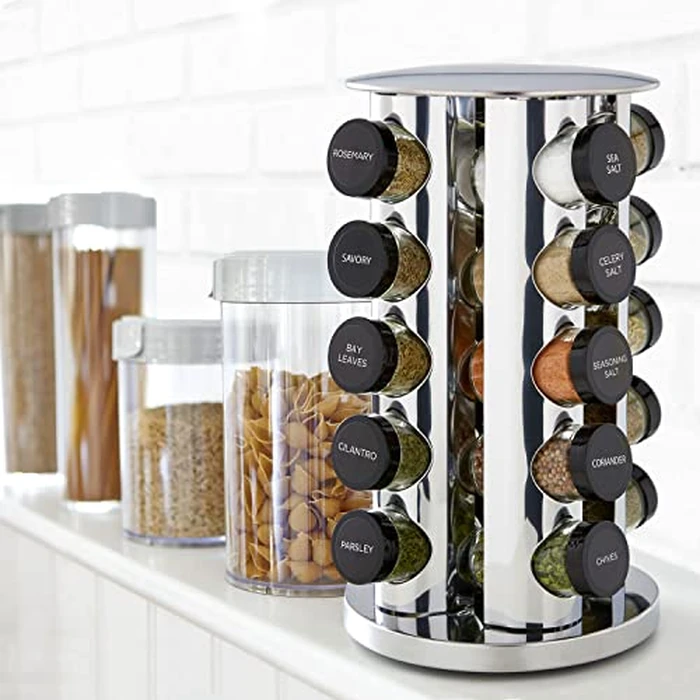 Kamenstein 20 Jar Revolving Countertop Spice Rack with Spices Included, FREE Spice Refills for 5 Years, Polished Stainless Steel with Black Caps, 30020 by Kamenstein - Image 5