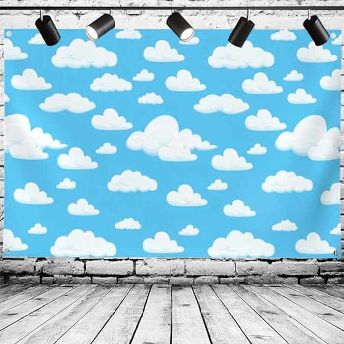 Blue Sky White Clouds Backdrop 7 * 5ft Cartoon Kids Birthday Party Decoration Photography Background Boys Newborn Baby Shower Birthday Photography Backdrop Cute Clouds Photo Studio Props Vinyl by Big Eye Owl - Image 1