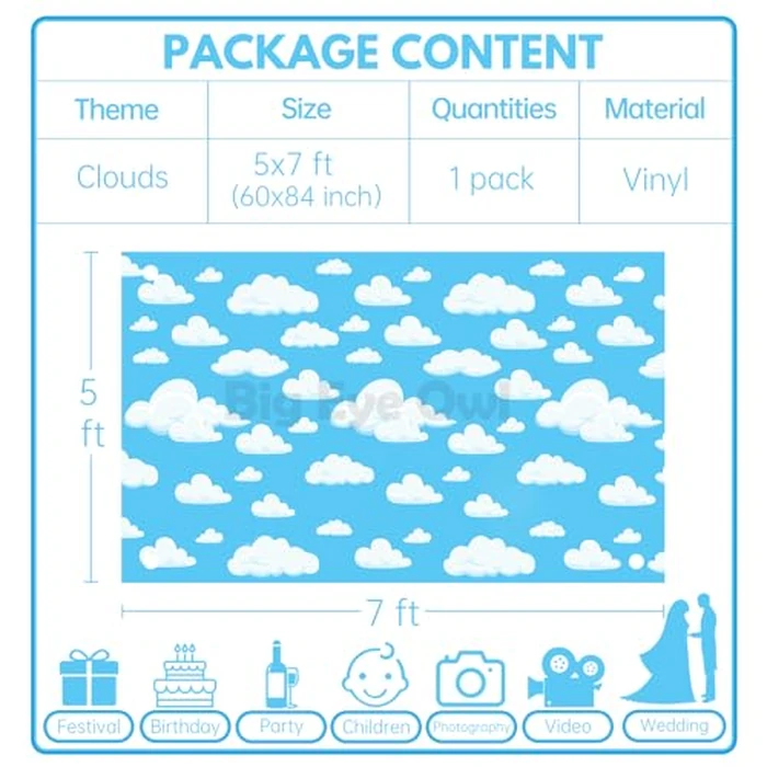 Blue Sky White Clouds Backdrop 7 * 5ft Cartoon Kids Birthday Party Decoration Photography Background Boys Newborn Baby Shower Birthday Photography Backdrop Cute Clouds Photo Studio Props Vinyl by Big Eye Owl - Image 2